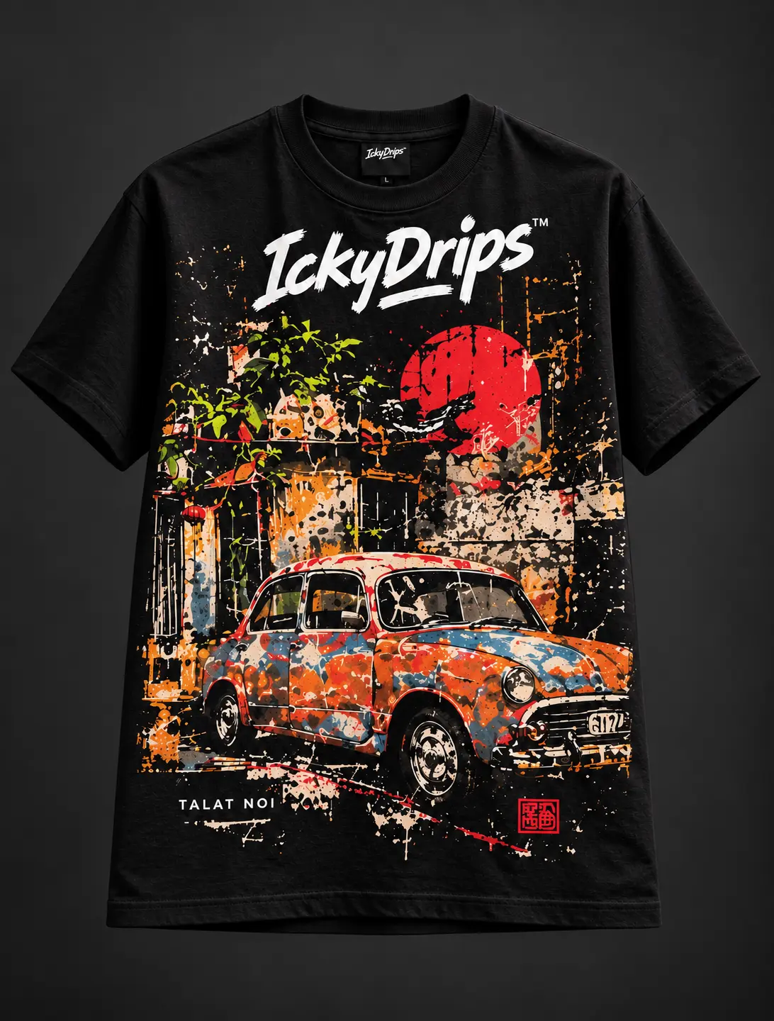 Black Classics T-shirt with a paint-splattered vintage car print and the IckyDrips logo