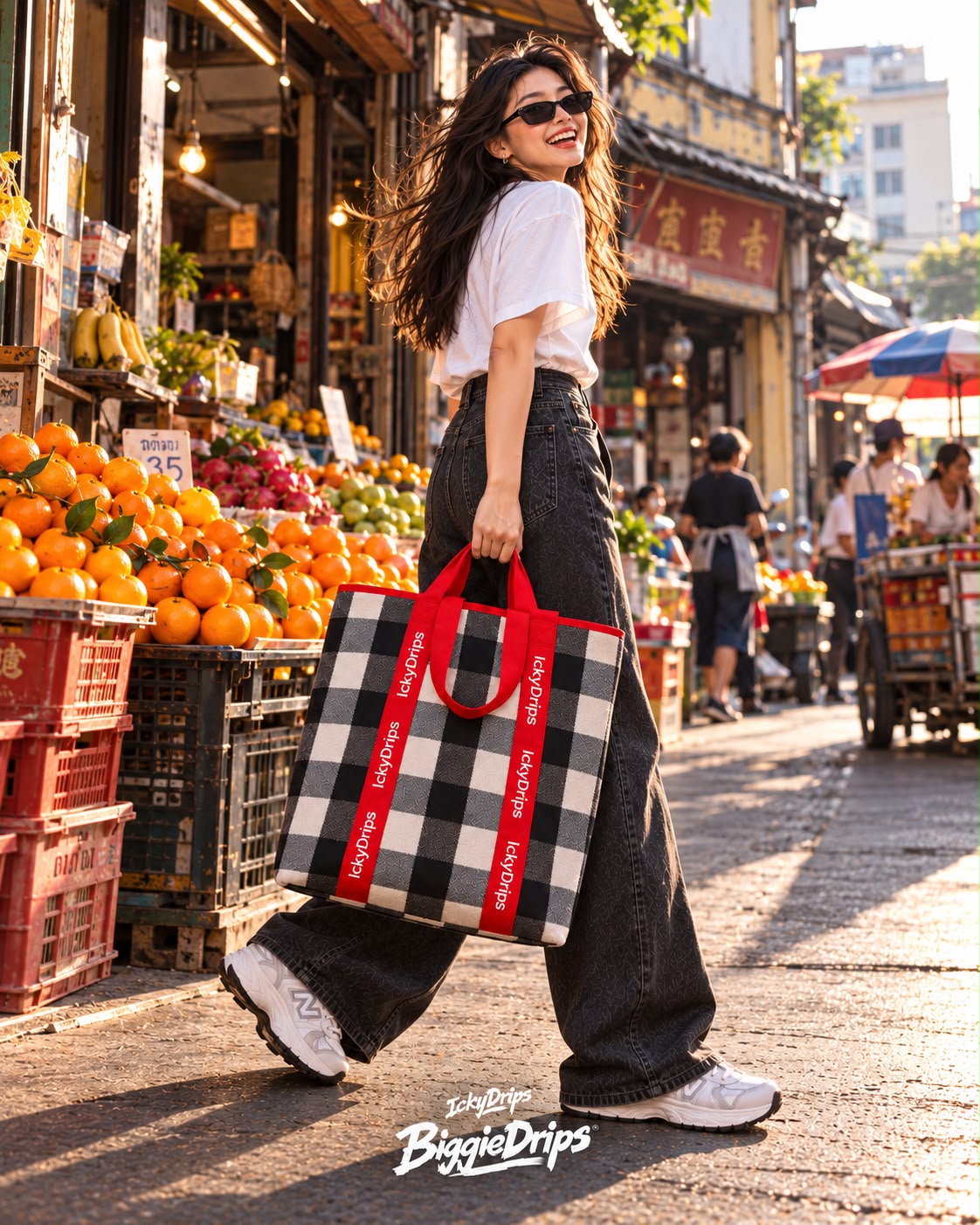 BiggieDrips™ oversize hold-all tote with red handles carried beside a street fruit stall
