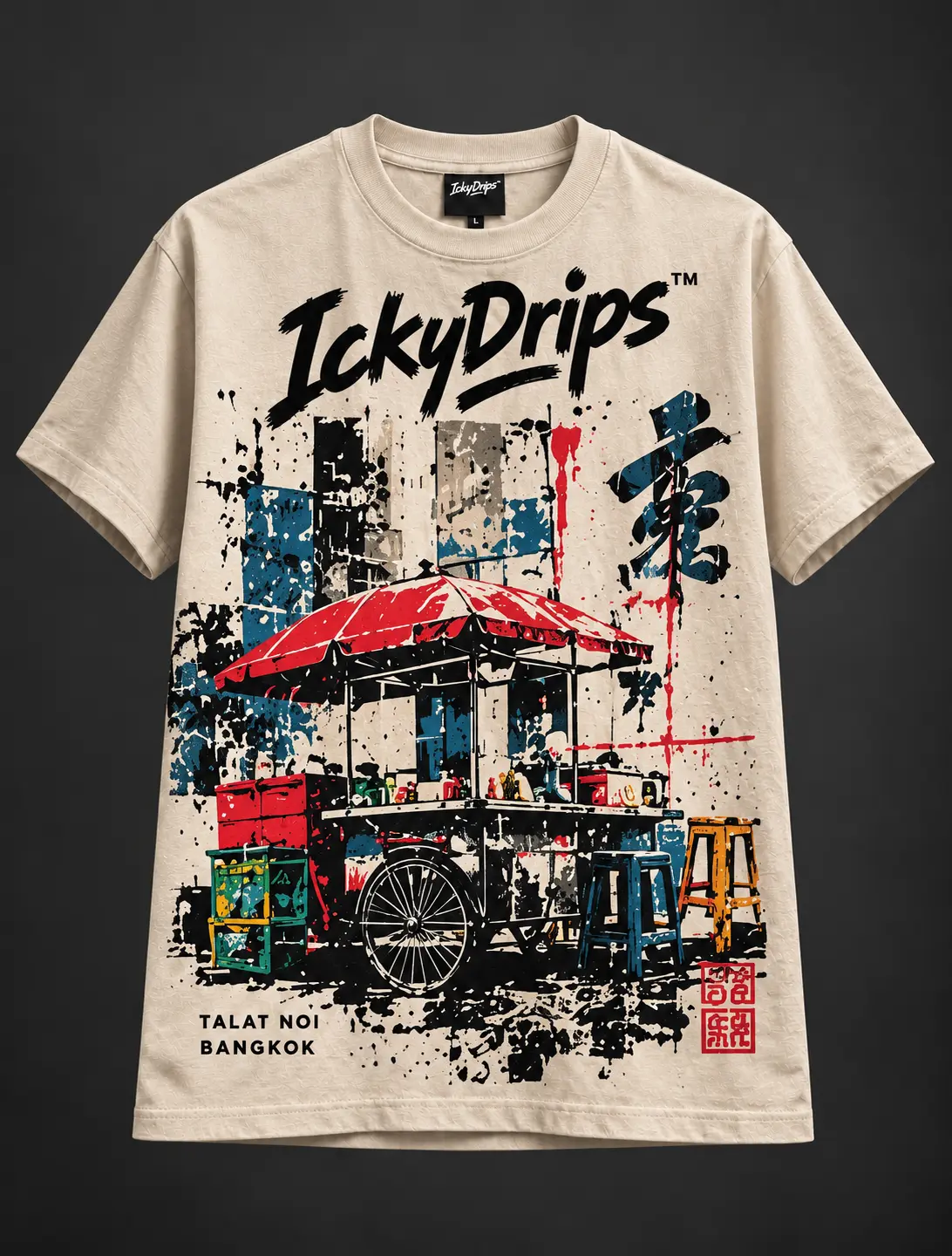 Off-white Street Carts T-shirt with a red-umbrella street food cart and stools print