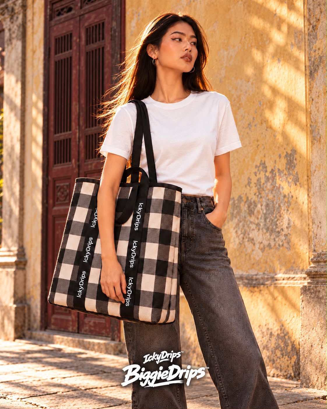 The same BiggieDrips™ oversize hold-all tote shown with black handles beside a weathered doorway